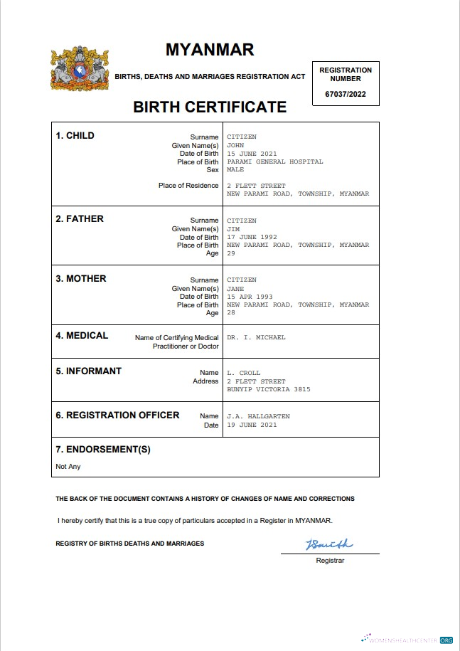 Download Myanmar vital record birth certificate Word and PDF template Photoshop template